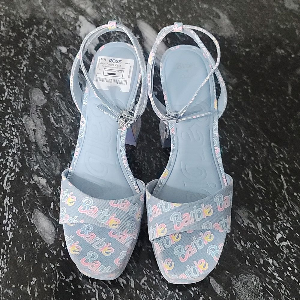 BRAND NEW ALDO BARBIE PARTY PRINTED  DENIM STRAPPY PLATFORM HEELED PLATF… G1 - Picture 3 of 16